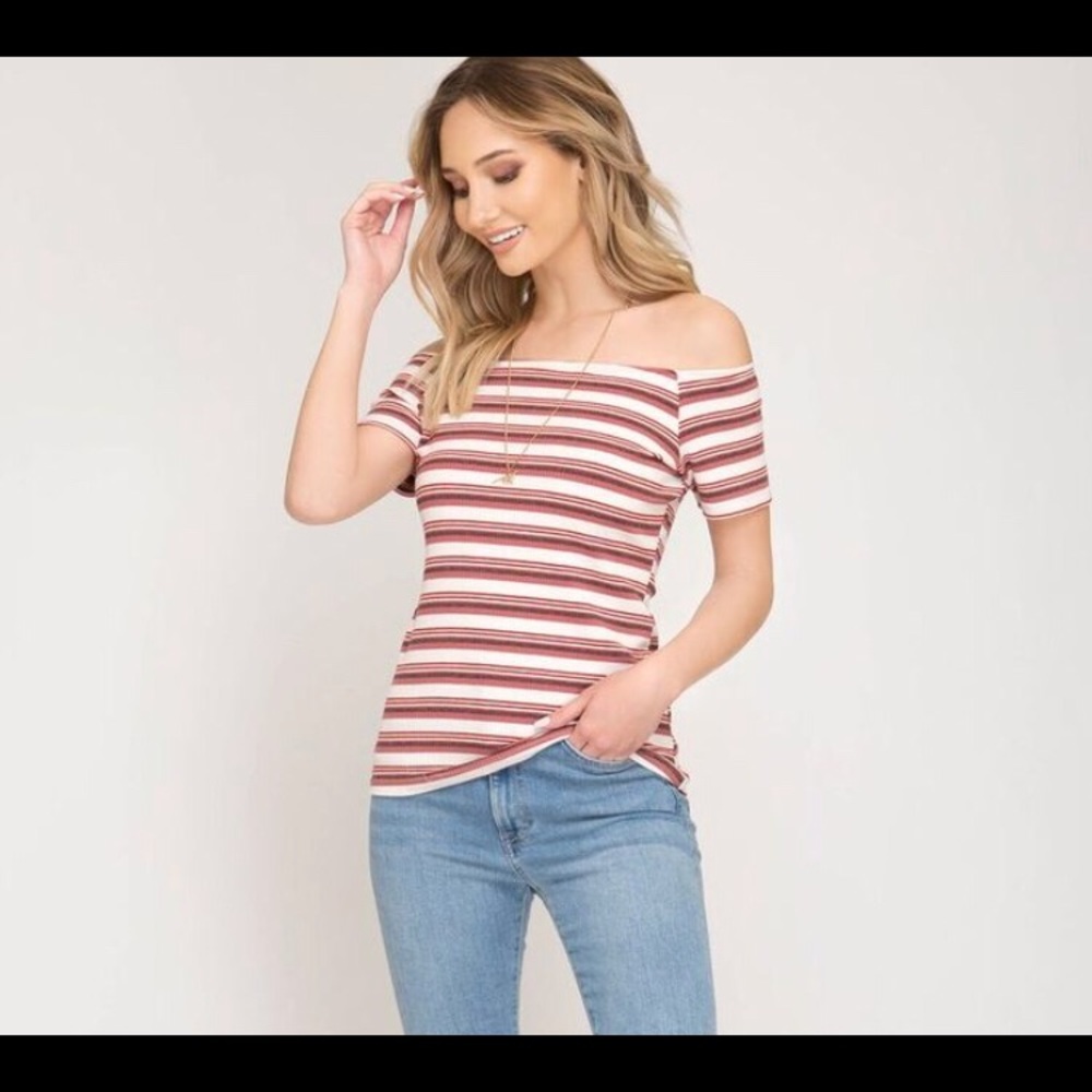 OFF THE SHOULDER RIB KNIT STRIPED TOP